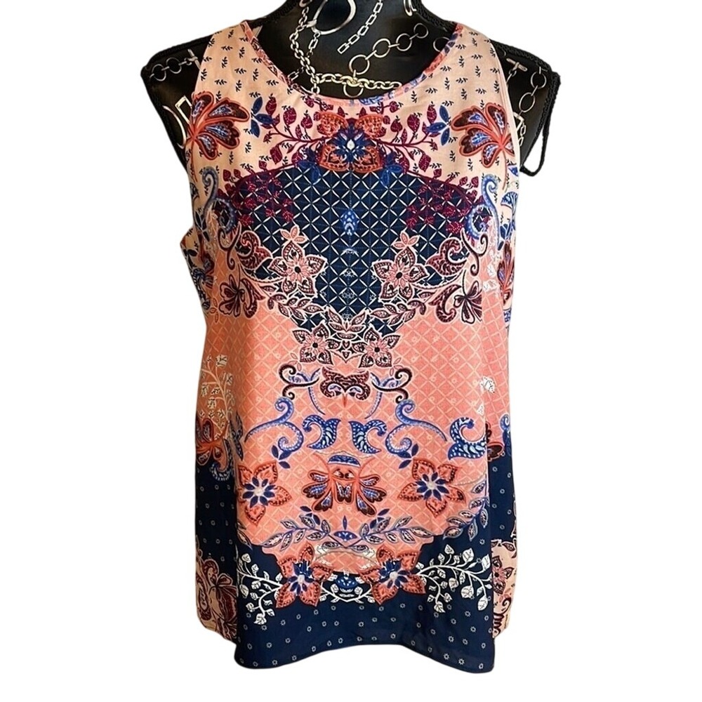 Kenar Womens Medium Coral Navy Blue Paisley Floral Medallion Sleeveless Top